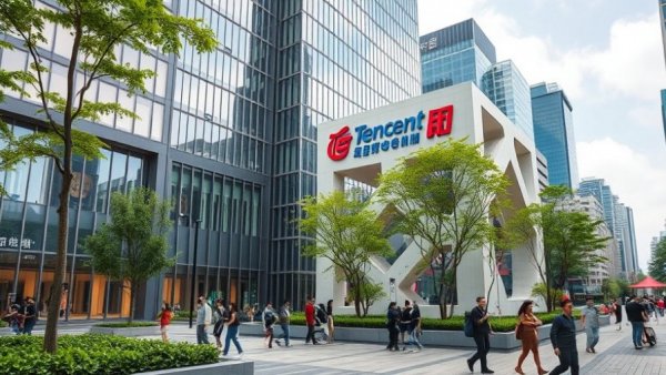 Tencent headquarters with cubic sculpture in urban setting.