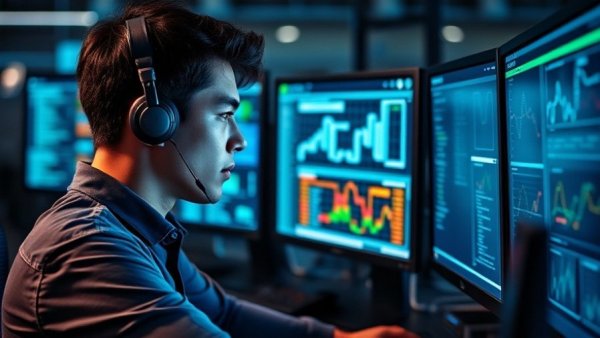 Focused young man in IT operation center examining screens, NinjaOne IT operations.