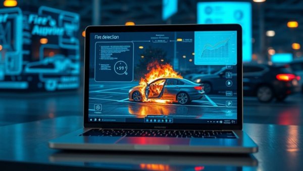AI fire detection technology showing burning car on laptop screen in digital setting.