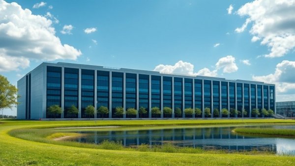 Modern data center with reflective pond under clear skies, Meta AI Data Breach