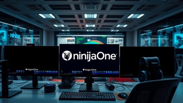 Sleek office setup featuring NinjaOne logo on monitors, professional tech environment.