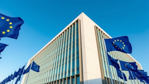 European Commission headquarters with waving EU flags.