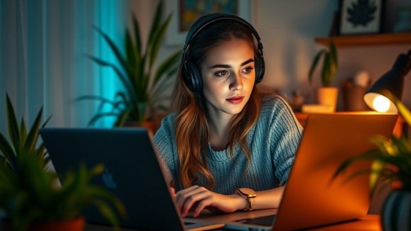 Young woman coding in a cozy office with warm lighting and plants.