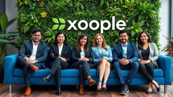 Business team in front of Xoople logo discussing AI funding.