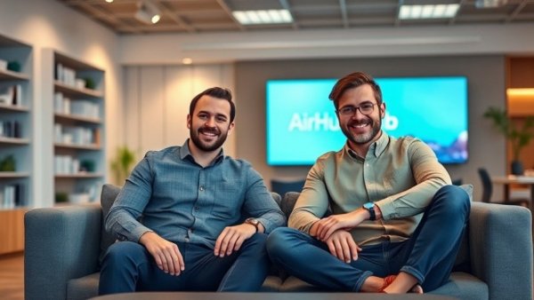 Drone operations software office with two men smiling in a modern setting.