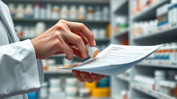 Pharmacist processes AI prescription renewals at pharmacy.