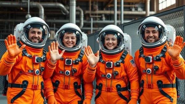 Astronauts in orange suits waving happily, Artemis II.