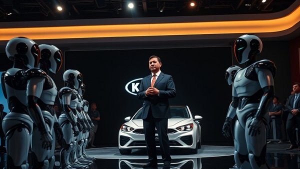 Kia CEO at event with robots, futuristic presentation.