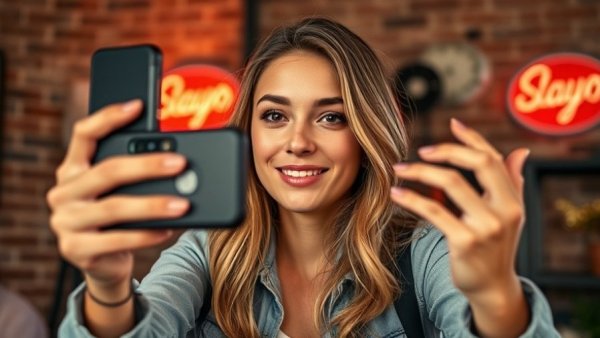 Young woman vlogging indoors with smartphone and neon decor.