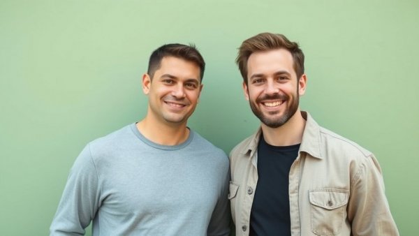 Two men smiling casually in front of a green wall - Canva acquisitions Simtheory Ortto.