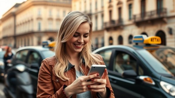 Europe’s first commercial robotaxi service shown with smiling woman using phone.