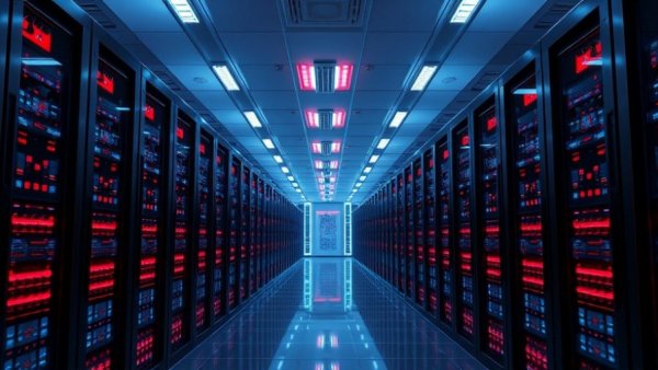 Futuristic server room with red and blue lights, SiFive funding round.