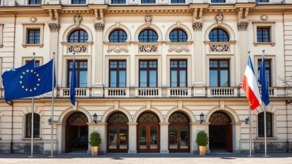 Classical building facade with EU and national flags, opposing child social media ban symbolism.