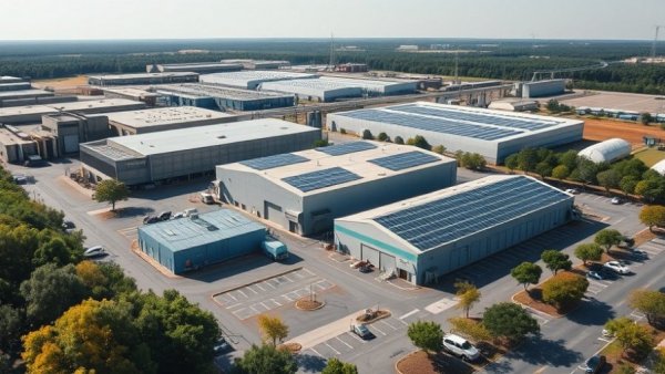 Aerial view of EV battery recycling plant with solar panels.
