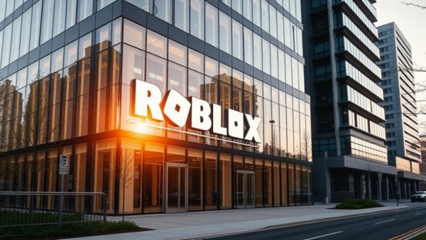 Modern Roblox office building reflecting morning sun, age-gated accounts safety.