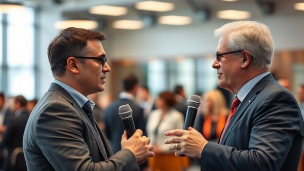 Discussion at a conference, one person with microphone, in modern setting.