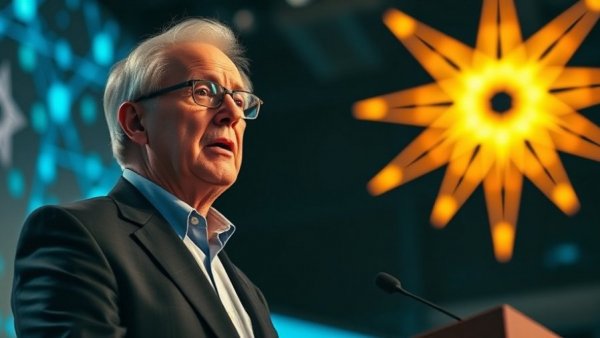 Distinguished speaker at tech event backdrop, AI smart glasses context.