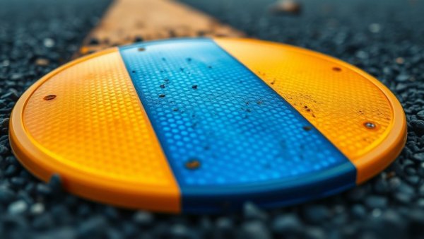 Close-up of blue reflectors on the road with asphalt texture.