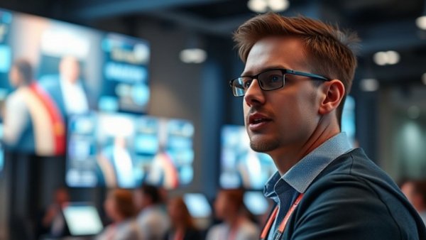 Casual man at tech conference discussing brain-computer interface technology.