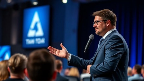 Business professional presenting on B2B software distribution stage.