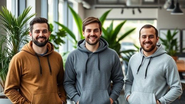 Three men in hoodies standing in a modern office environment.