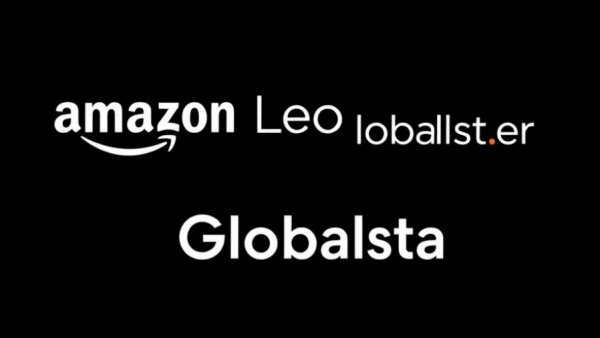 Amazon Leo and Globalstar logos on black background representing acquisition.