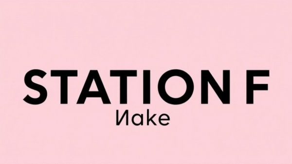 Minimalist logo design of STATION F and Make on pink background