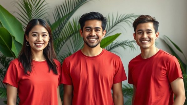 Team smiling indoors with plants, red shirts.