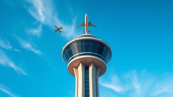 FAA predictive air traffic AI concept with airplane and control tower.