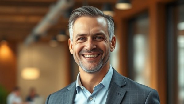 Professional man smiling in business setting, related to Apple CEO succession.