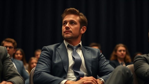 Man in formal suit sitting with crossed legs against dark backdrop
