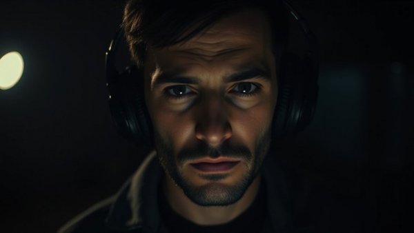 Moody close-up of introspective man with headphones in dark setting, cinematic.