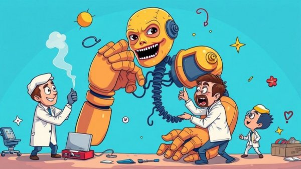 Surreal AI-themed illustration of scientists constructing a giant figure