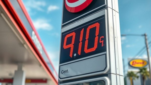 Gas price sign showing 9/10ths cent pricing under blue sky.
