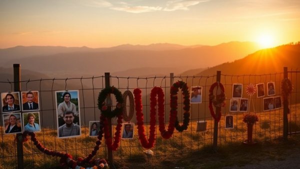 Tribute display at sunset in a mountain valley, technology and nature.