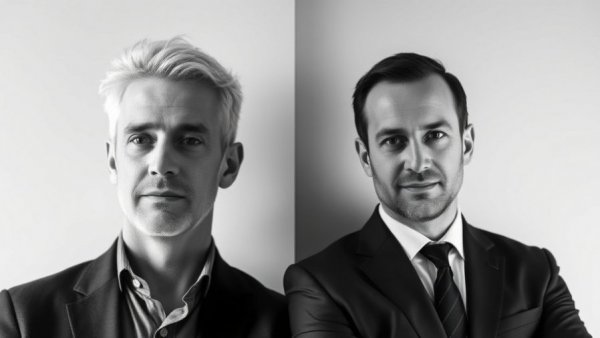 Professional portrait of two AI data experts in monochrome style.