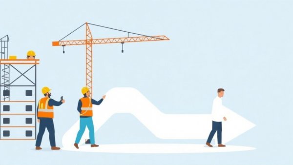 Illustration of construction workers managing an arrow, symbolizing funding progress.