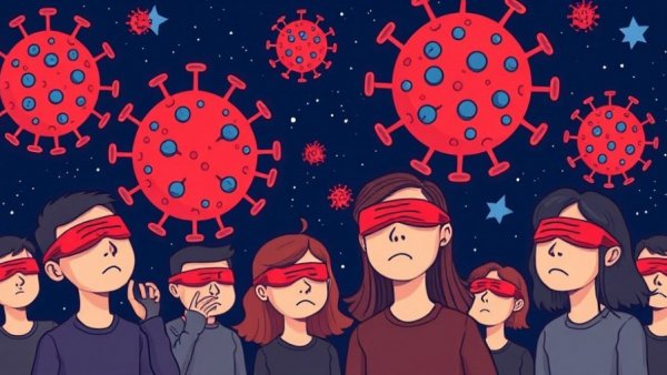 Abstract cartoon of blindfolded people and viruses symbolizing challenges.