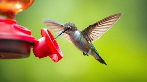 Hummingbird feeds from a red feeder; tips on how to attract beautiful birds.