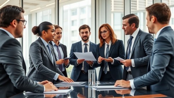 Business team discussing 3 algorithms that drive leads, modern office.