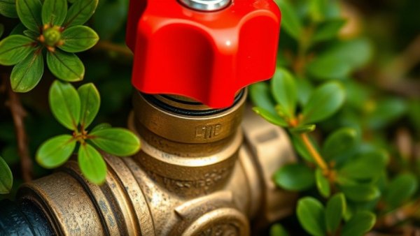 Close-up of home water valve system in garden setting.