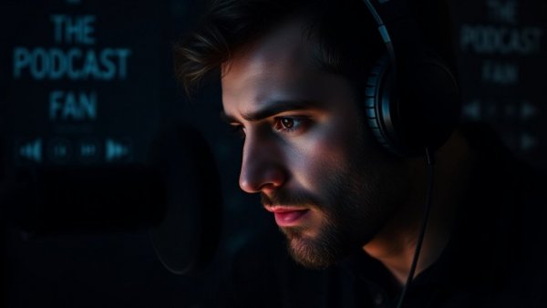 Man with headphones recording a podcast, moody cinematic shot.