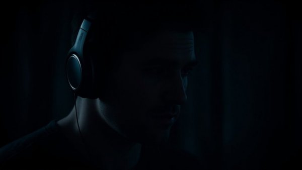 Man with headphones in a dark setting, deep in thought.