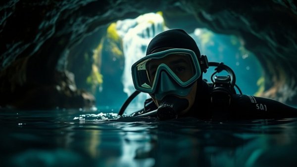 Diver in cave with lush surroundings, reflecting on water.