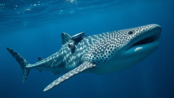 AI in ocean exploration demonstrated by a whale shark with a device.