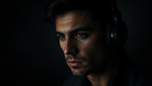 Moody portrait of man with headphones in dark studio, focused.