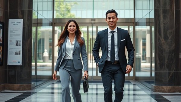 Corporate duo leaving office, showcasing determination.