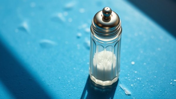 Glass salt shaker with grooves on blue surface in sunlight.