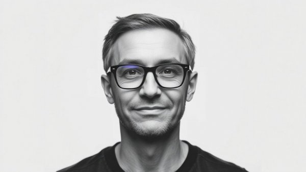 Monochromatic portrait of man with glasses, World Models in AI