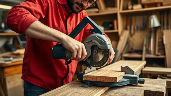 Craftsman using miter saw in workshop for woodworking project.